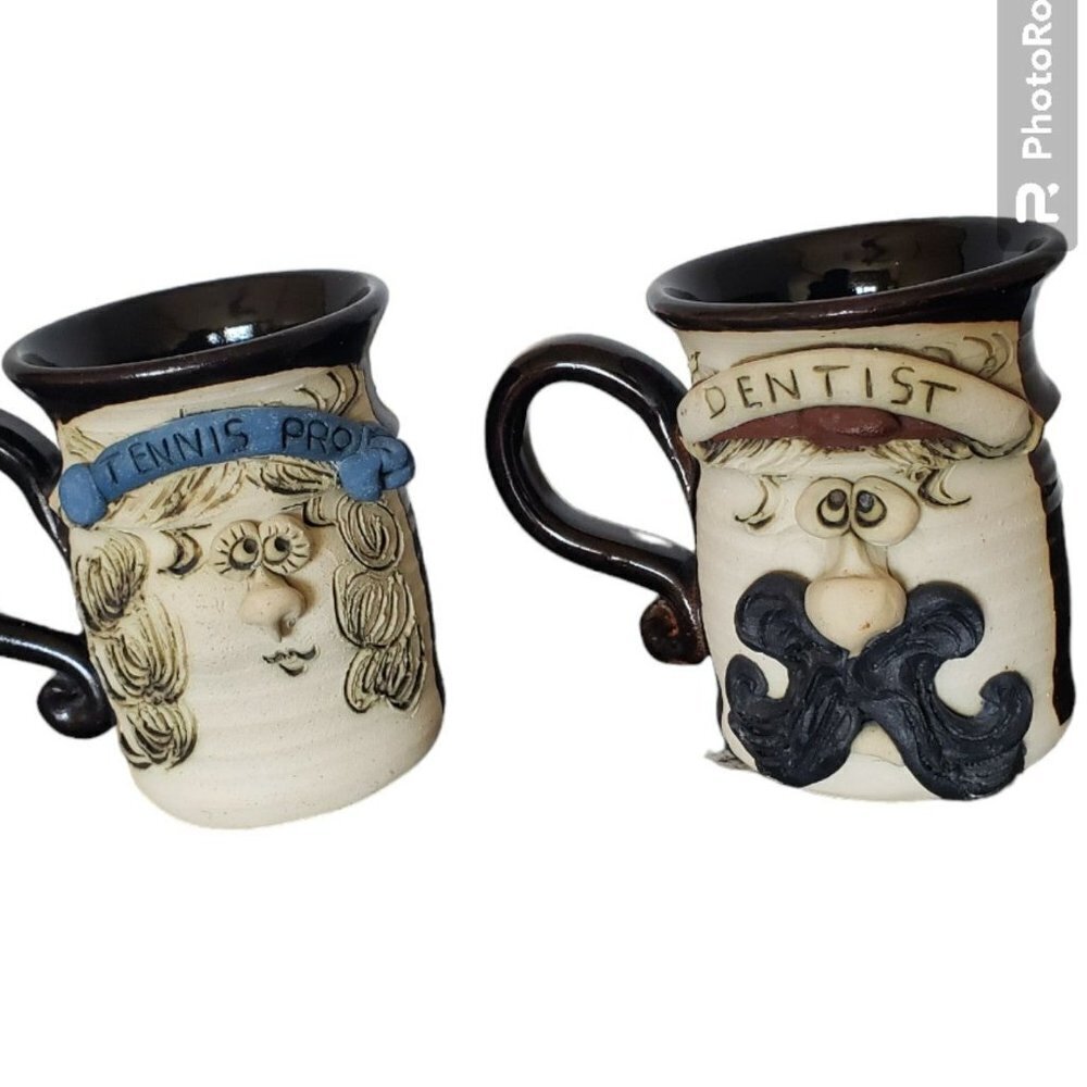 Tiegland Bradford lot of 2 STUDIO ART POTTERY Figural dentist tennis coffeemug